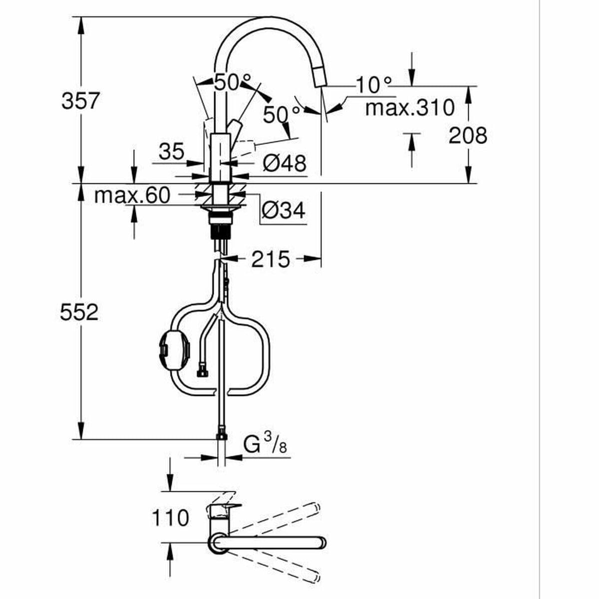 GROHE Start Edge- Grifo cocina (caño alto extraíble, forma C, giro 360º, instalación QuickFix, limitador caudal ecológico), cromo, 30550000