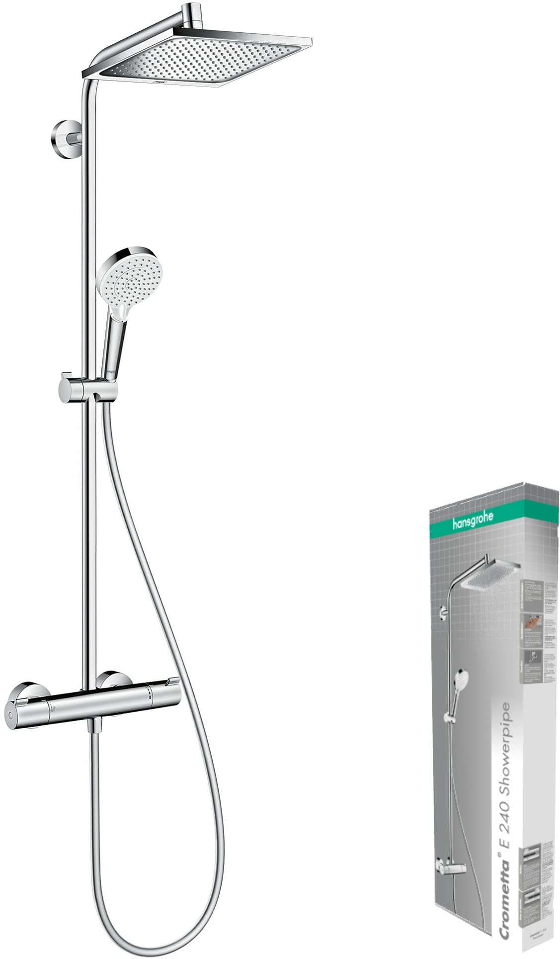 hansgrohe Crometta E - sistema de ducha ahorro de agua (EcoSmart) con termostato, ducha lluvia (240 x 240 mm), ducha de mano (2 tipos de chorro), flexo, barra y ducha fija rectangular, cromo, 27281000