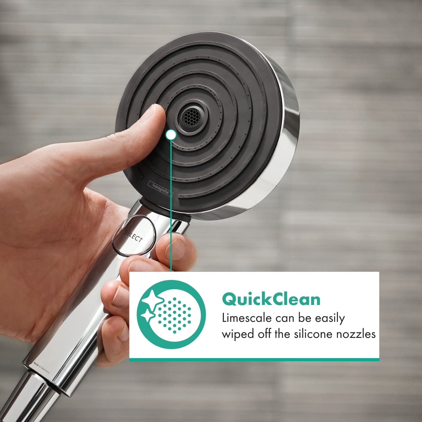 hansgrohe Pulsify Select S - ducha de mano ahorro de agua 9 l/min (EcoSmart), alcachofa de ducha con 3 tipos de chorro (versión Activation), cabezal de ducha (⌀105mm), sistema antical, cromo, 24101000
