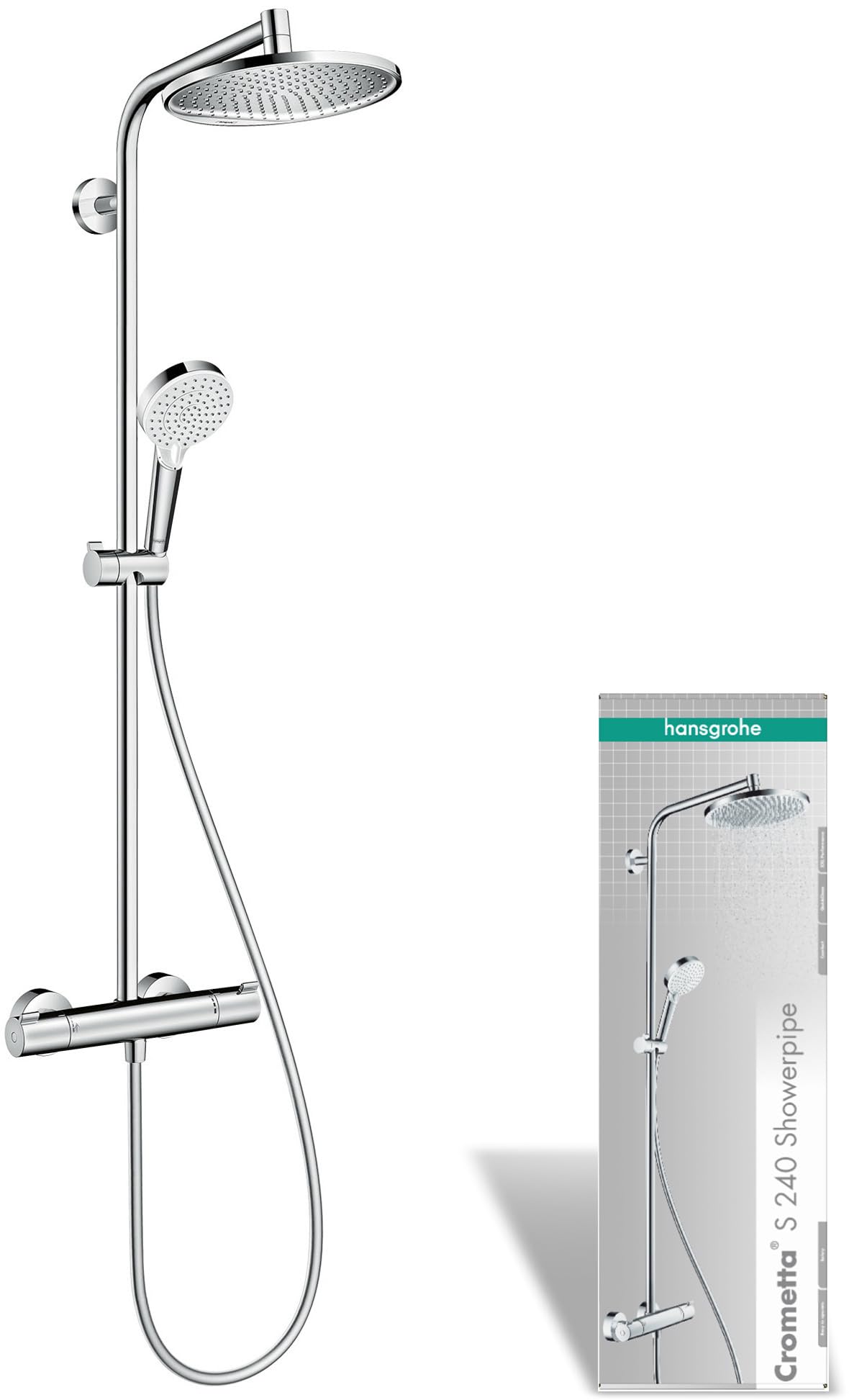 hansgrohe Crometta S - sistema de ducha con termostato, ducha lluvia (240 mm) con grifo, ducha de mano (2 tipos de chorro), flexo, barra, ducha fija redondo (1 tipo de chorro), cromo, 27267000