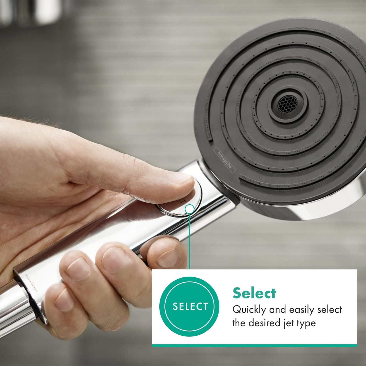 hansgrohe Pulsify Select S - ducha de mano ahorro de agua 9 l/min (EcoSmart), alcachofa de ducha con 3 tipos de chorro (versión Activation), cabezal de ducha (⌀105mm), sistema antical, cromo, 24101000