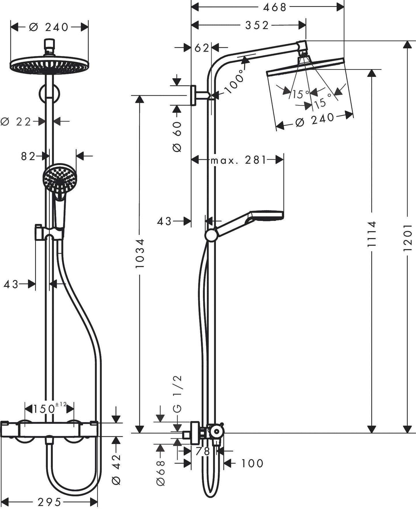 hansgrohe Crometta S - sistema de ducha con termostato, ducha lluvia (240 mm) con grifo, ducha de mano (2 tipos de chorro), flexo, barra, ducha fija redondo (1 tipo de chorro), cromo, 27267000