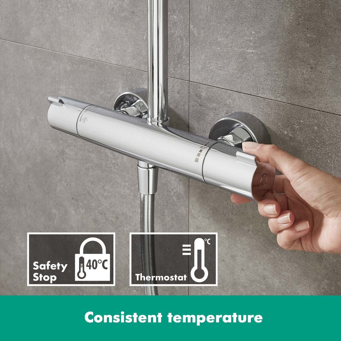 hansgrohe Crometta S - sistema de ducha con termostato, ducha lluvia (240 mm) con grifo, ducha de mano (2 tipos de chorro), flexo, barra, ducha fija redondo (1 tipo de chorro), cromo, 27267000
