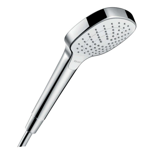 hansgrohe Croma Select E - ducha de mano, alcachofa de ducha con 3 tipos de chorro, cabezal de ducha rectangular (110 x 110 mm), con sistema antical, blanco/cromo, 26812400