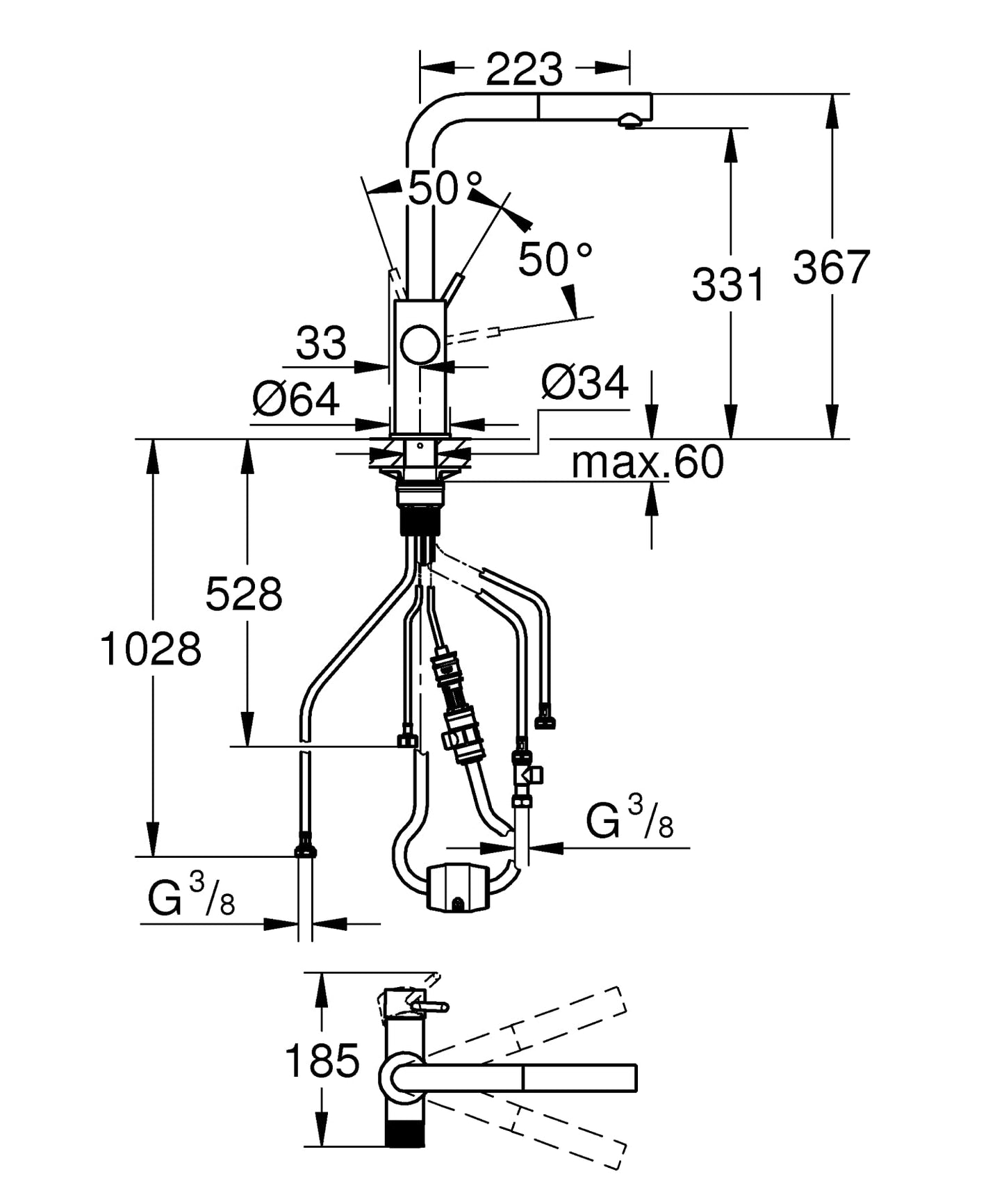 GROHE Minta, Grifo de cocina (caño alto extraíble, forma en L, compatible con kits filtración Blue (por separado), menor consumo de agua), cromo, 30601000