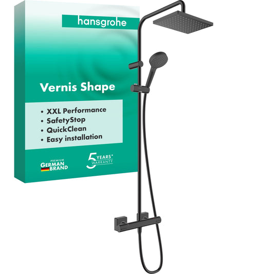 Hansgrohe Vernis Shape - Columna de ducha con termostato, ducha lluvia (230 x 170 mm) con grifo, ducha de mano (2 tipos de chorro), flexo, barra, ducha fija rectangular, negro mate, 26286670
