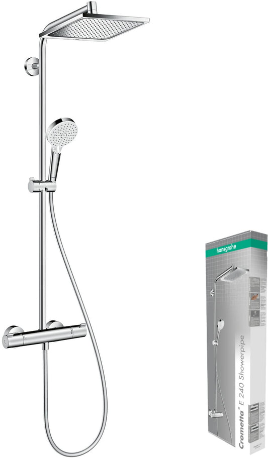hansgrohe Crometta E - sistema de ducha ahorro de agua (EcoSmart) con termostato, ducha lluvia (240 x 240 mm), ducha de mano (2 tipos de chorro), flexo, barra y ducha fija rectangular, cromo, 27281000