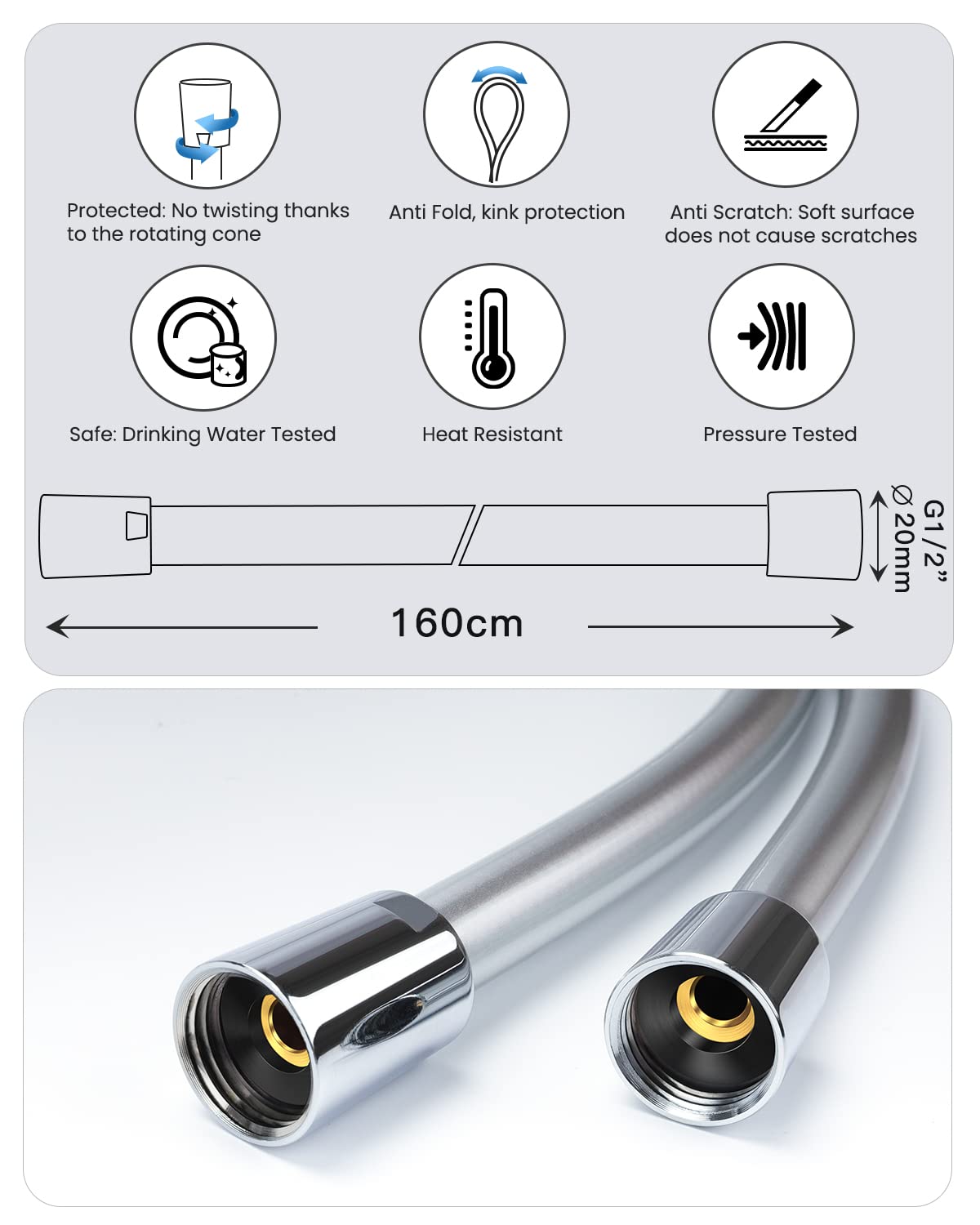 Manguera de ducha de 160 cm con protección contra torsión, YEAUPE manguera de ducha de 160 cm, conexión estándar de 1/2", flexible y resistente a las torceduras, probada en agua potable y a presión