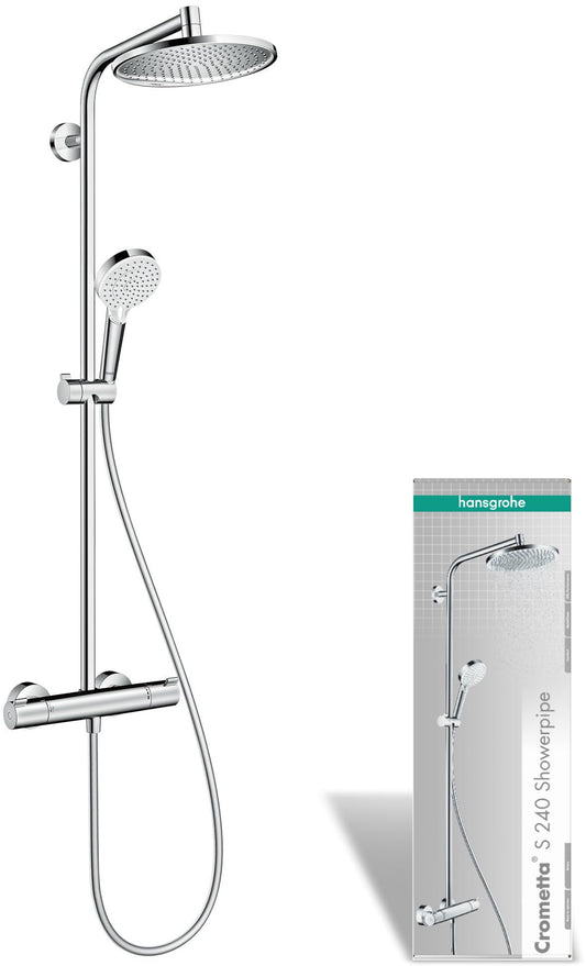 hansgrohe Crometta S - sistema de ducha con termostato, ducha lluvia (240 mm) con grifo, ducha de mano (2 tipos de chorro), flexo, barra, ducha fija redondo (1 tipo de chorro), cromo, 27267000