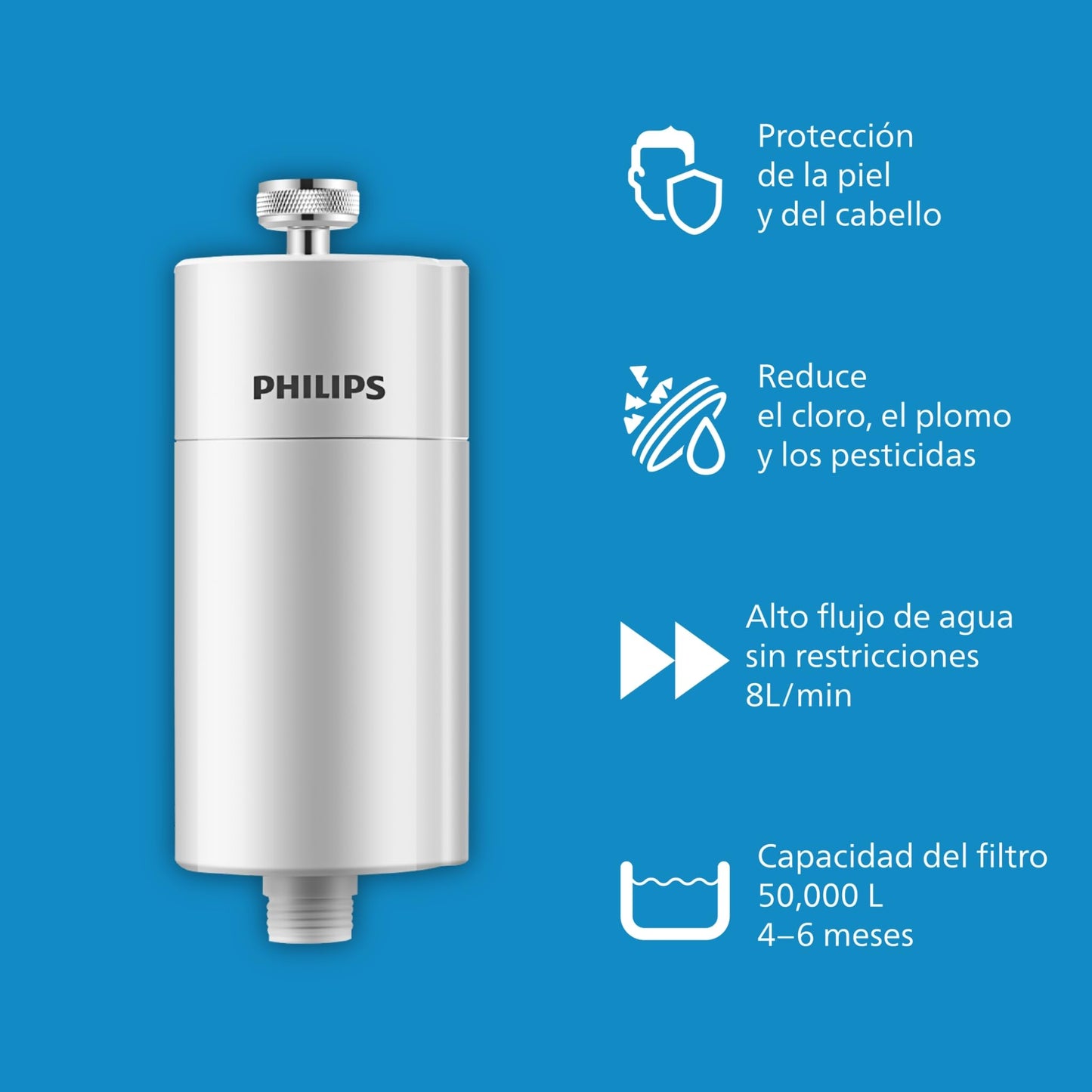 Filtro de ducha en línea Philips Water con 1 cartucho, capacidad de filtración de 50.000 L, BLANCO, reduce hasta un 99% de cloro, compatible con todas las mangueras y grifos estándar