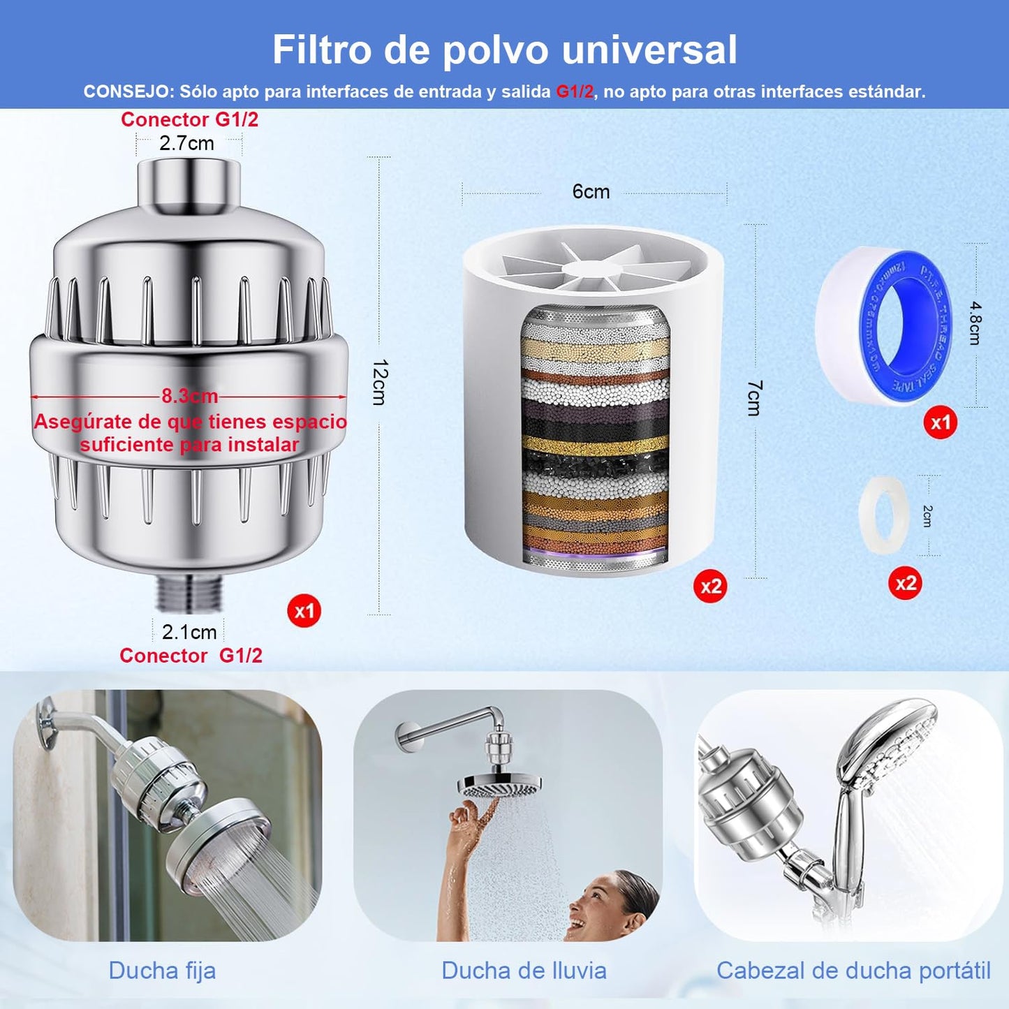 Filtro Ducha 36 Etapas Purificador Incluidos Vitamina C E Filtro Ducha Antical Pelo Alta Presión Ablanda Agua Reduce Cloro Metales Alivia Picores, Mejora el Estado de la Piel y el Cabello, 2 Cartuchos
