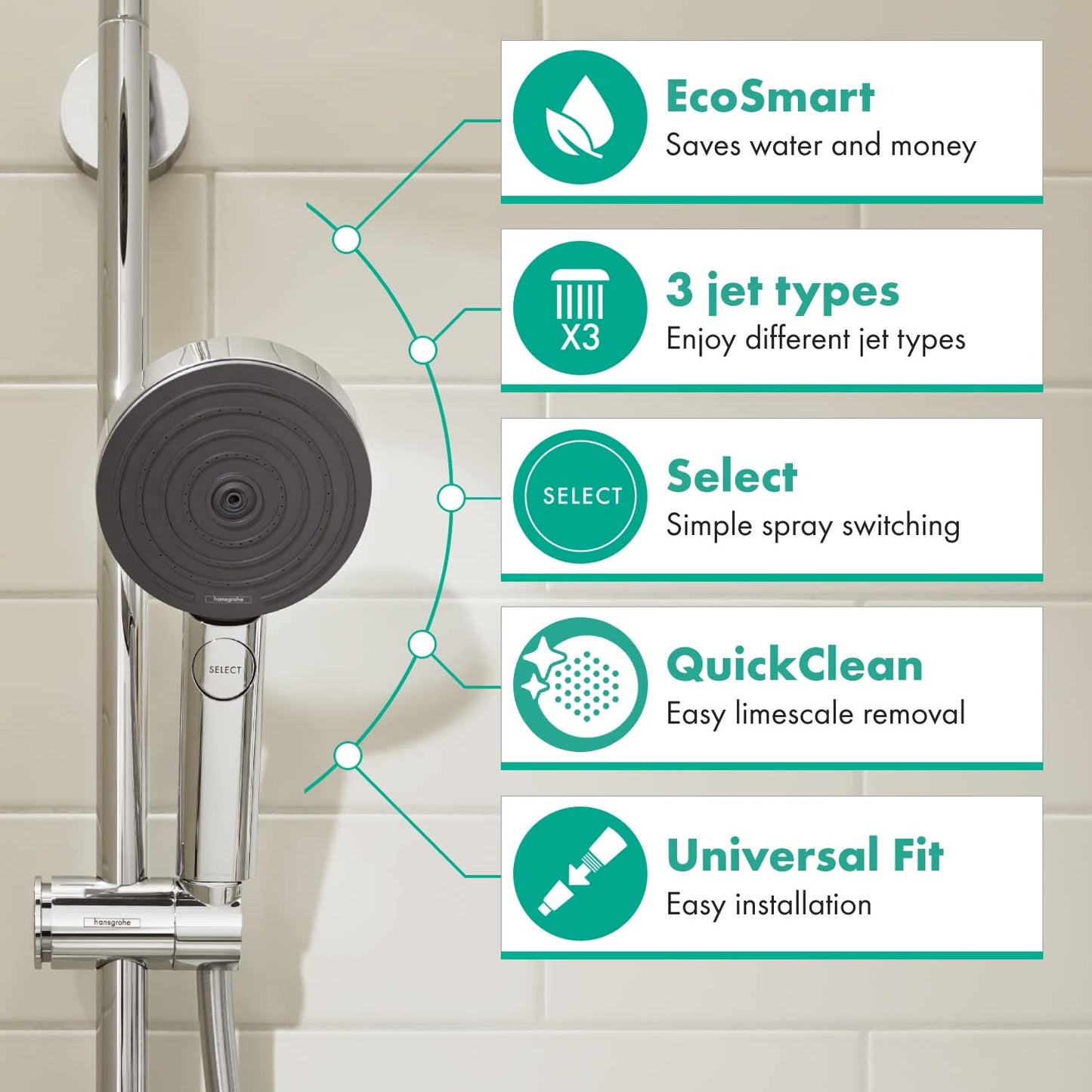 hansgrohe Pulsify Select S - ducha de mano ahorro de agua 9 l/min (EcoSmart), alcachofa de ducha con 3 tipos de chorro (versión Activation), cabezal de ducha (⌀105mm), sistema antical, cromo, 24101000