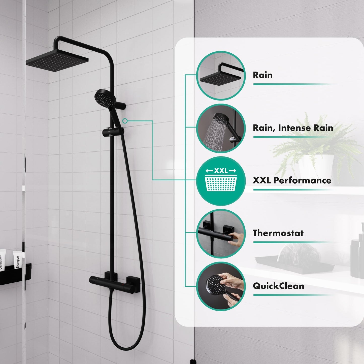 Hansgrohe Vernis Shape - Columna de ducha con termostato, ducha lluvia (230 x 170 mm) con grifo, ducha de mano (2 tipos de chorro), flexo, barra, ducha fija rectangular, negro mate, 26286670