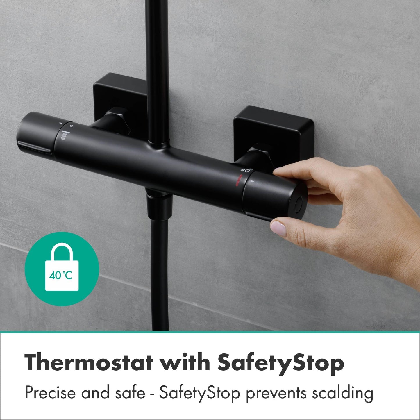 Hansgrohe Vernis Shape - Columna de ducha con termostato, ducha lluvia (230 x 170 mm) con grifo, ducha de mano (2 tipos de chorro), flexo, barra, ducha fija rectangular, negro mate, 26286670