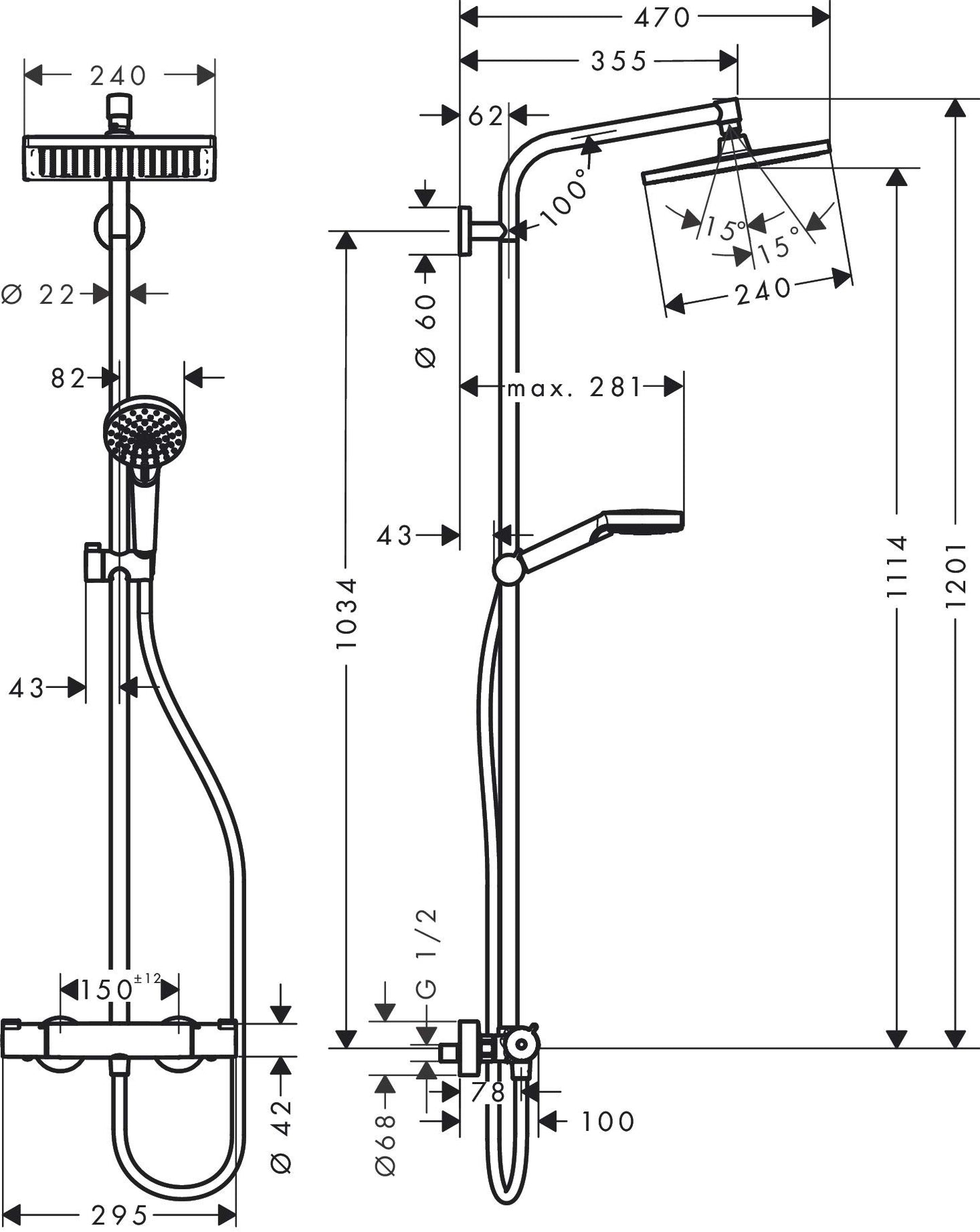 hansgrohe Crometta E - sistema de ducha ahorro de agua (EcoSmart) con termostato, ducha lluvia (240 x 240 mm), ducha de mano (2 tipos de chorro), flexo, barra y ducha fija rectangular, cromo, 27281000