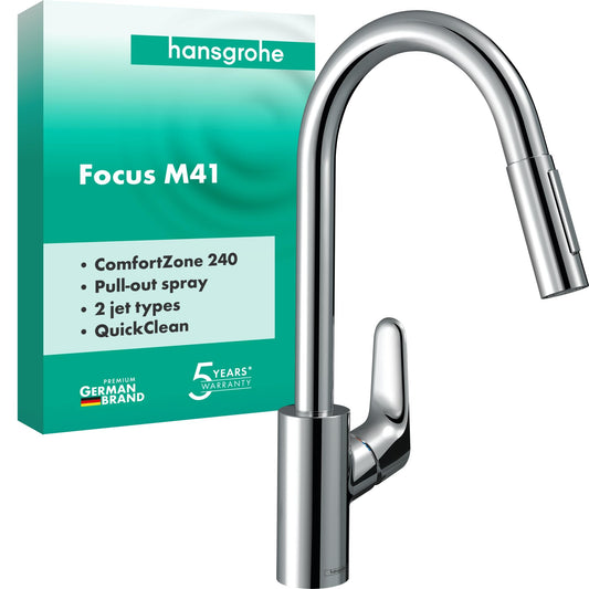 hansgrohe Focus M41 - grifo de cocina con ducha extraíble, 2 tipos de chorro, mezclador monomando cocina 240 mm, grifo cocina fregadero con caño giratorio, cromo, 31815000