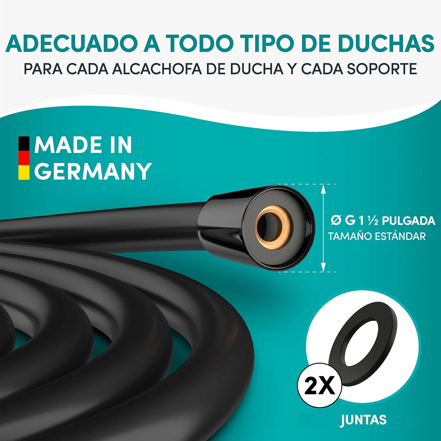 Engelbach® Manguera de Ducha 1,25m - Flexo Antitorsión de Goma Negra - Universal ½" - Flexible y Resistente - Made in Germany