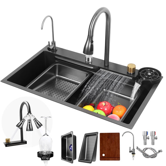 Fulgutonit Fregadero Cocina Multifuncional de Acero Inoxidable, Negro Gris Con Enjuagador de Taza de Grifo Retráctil y 4 Modos de Rociado, 75x46CM