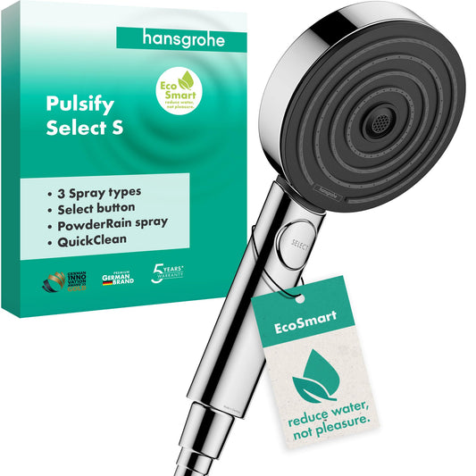 hansgrohe Pulsify Select S - ducha de mano ahorro de agua 9 l/min (EcoSmart), alcachofa de ducha con 3 tipos de chorro (versión Activation), cabezal de ducha (⌀105mm), sistema antical, cromo, 24101000